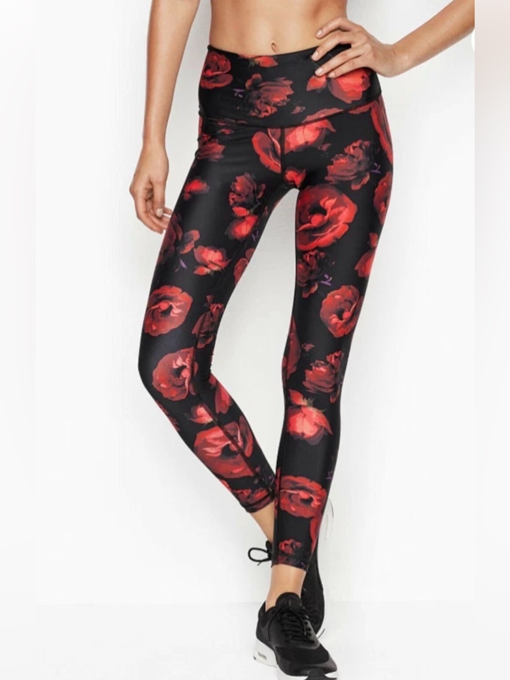 Victoria Sport High Rise 7/8 Tight Leggings Black Red Floral Rose Print Large